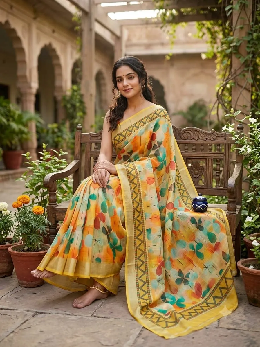 Orange Abstract Leaf Print Cotton Saree